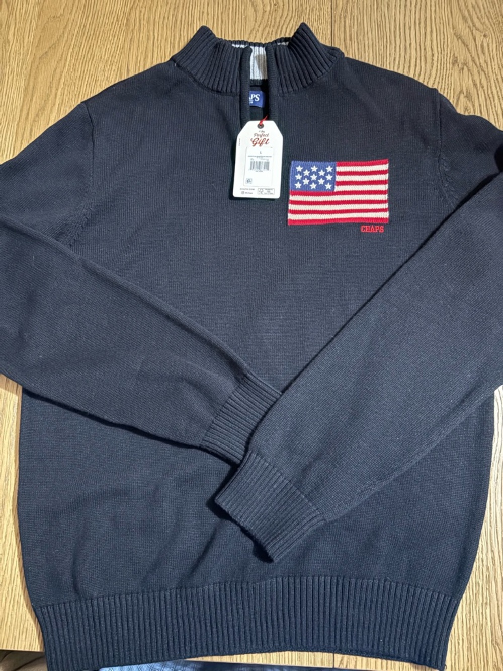 Chaps Navy Half-Zip Sweater with American Flag Patch